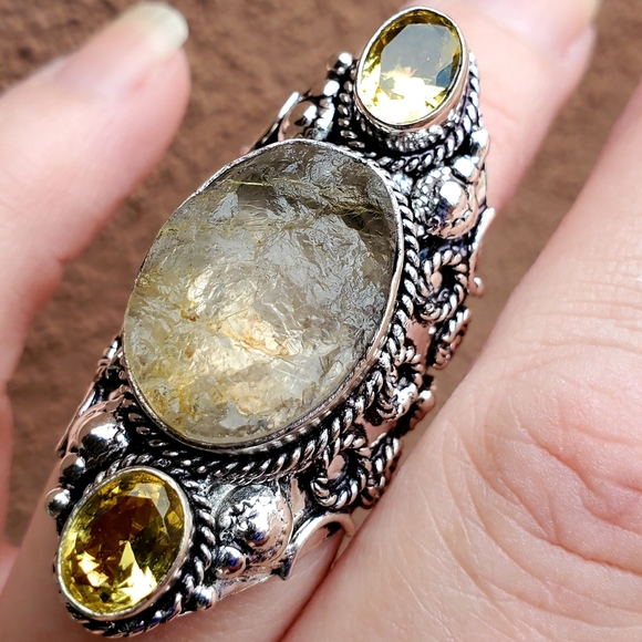 New Rough Golden Rutile and Citrine 925 Silver Statement Ring. - Picture 9 of 12